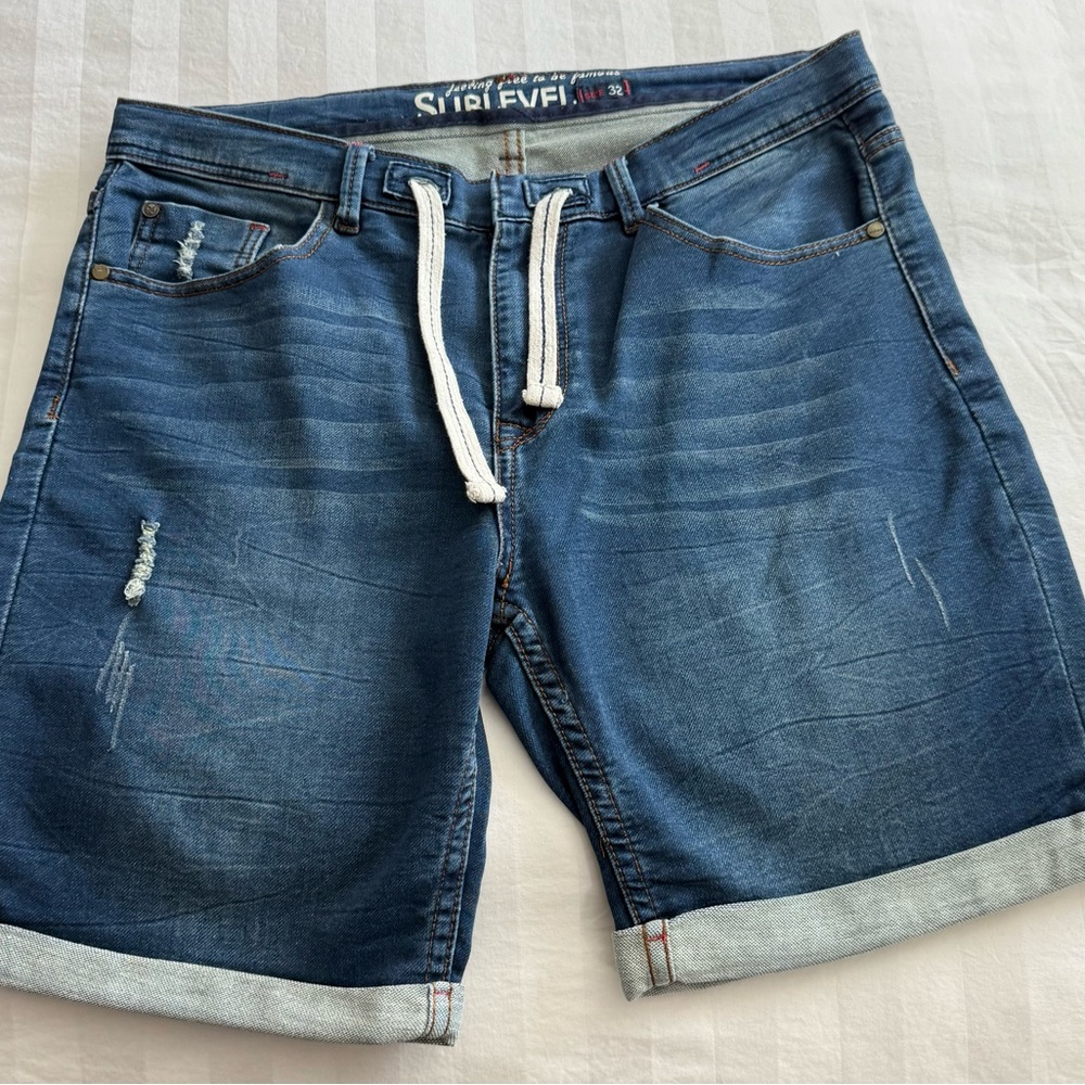 Blue Jean Shorts with Drawstring Waist and Cuffed Hem